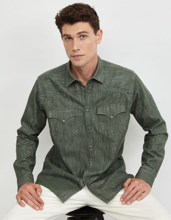 Camicia Collo italiano Tinta Unita Twill Verde militare