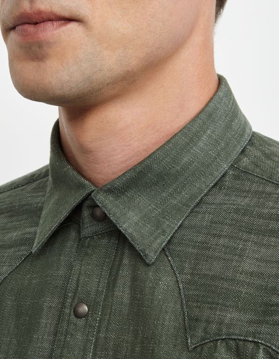 Camicia Collo italiano Tinta Unita Twill Verde militare Tailor Custom Fit hover