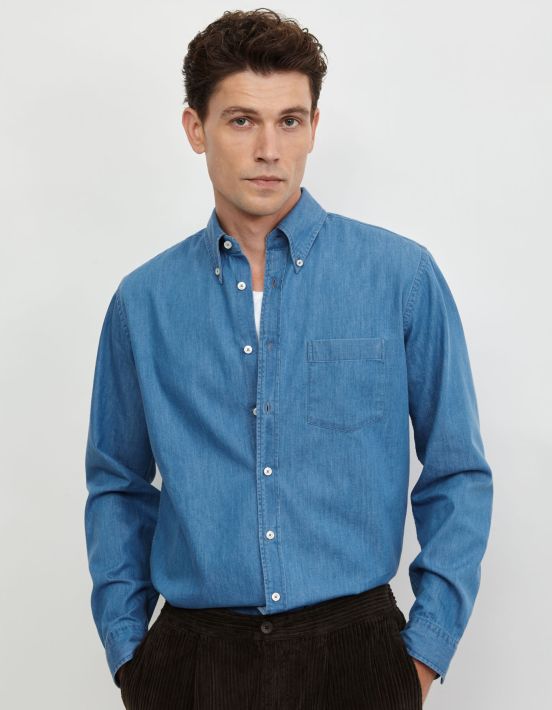 Camicia Collo button down Tinta Unita Indaco Blue jeans