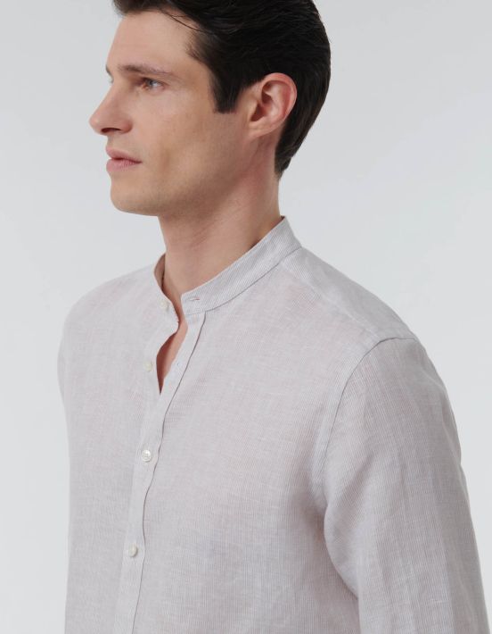 Beige Linen Stripe Shirt Collar Mandarin