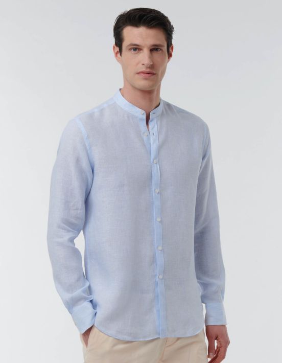 Light Blue Linen Stripe Shirt Collar Mandarin