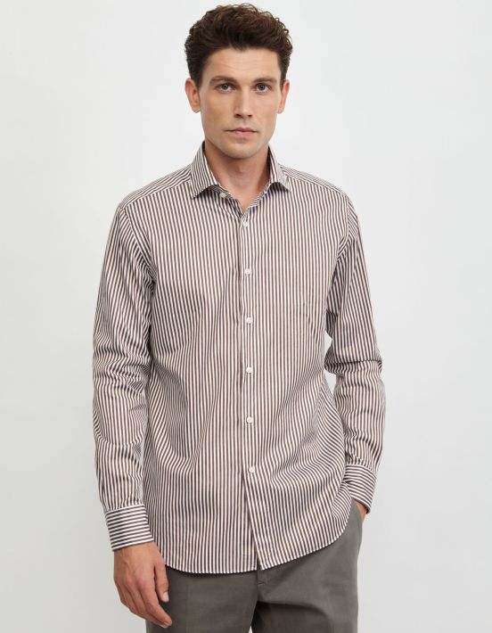 Chemise Col français Rayure Twill Marron