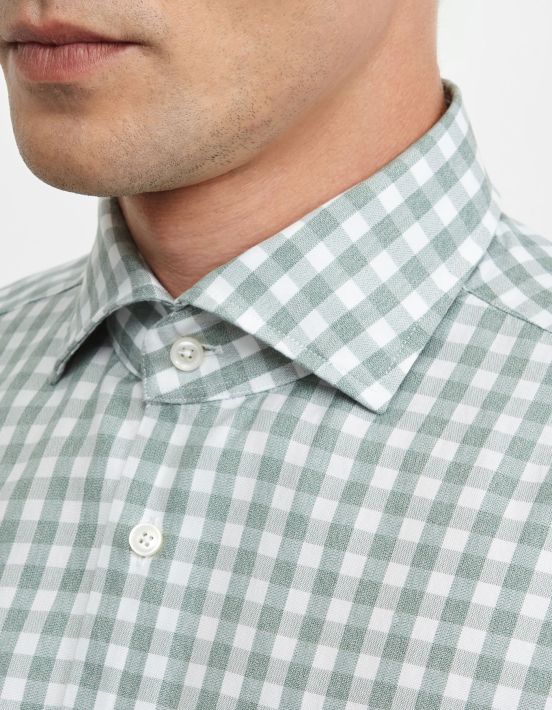 Sage Green Twill Check Shirt Collar cutaway Tailor Custom Fit hover