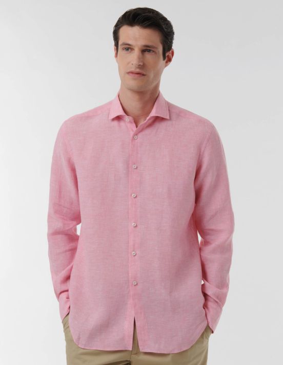 Dark Pink Linen Solid colour Shirt Collar open spread