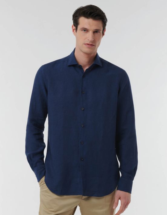 Camicia Collo italiano aperto Tinta Unita Lino Blu