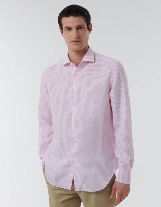 Pink Linen Stripe Shirt Collar open spread