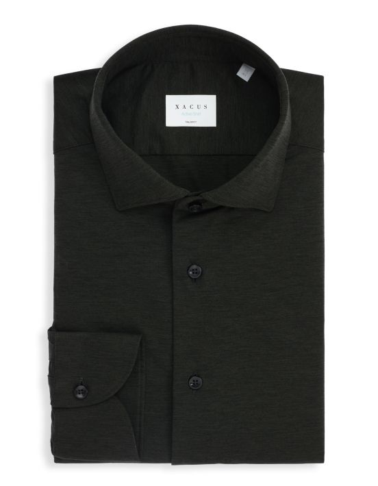 Camisa Cuello francés pequeño Liso Jersey Verde bosque Slim Fit