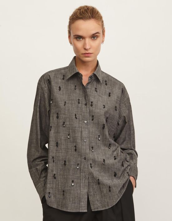 Camicia Grigio scuro Cotone Tinta Unita Over