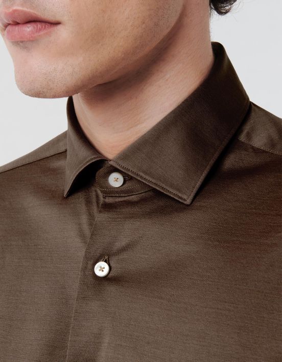 Brown Jersey Solid colour Shirt Collar small cutaway Tailor Custom Fit hover