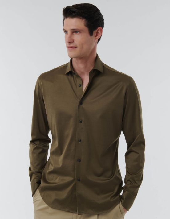 Army Green Jersey Solid colour Shirt Collar small cutaway