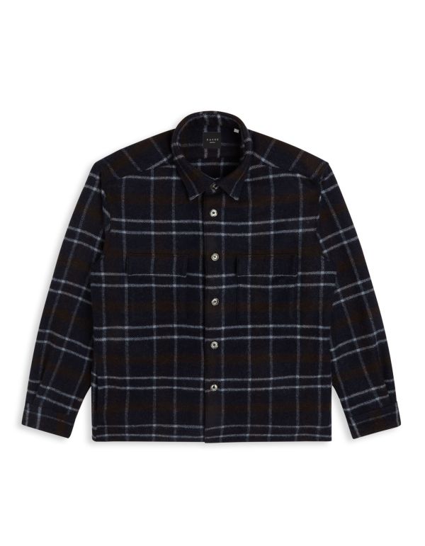 Navy Blue Woven Check Shirt Collar spread Over