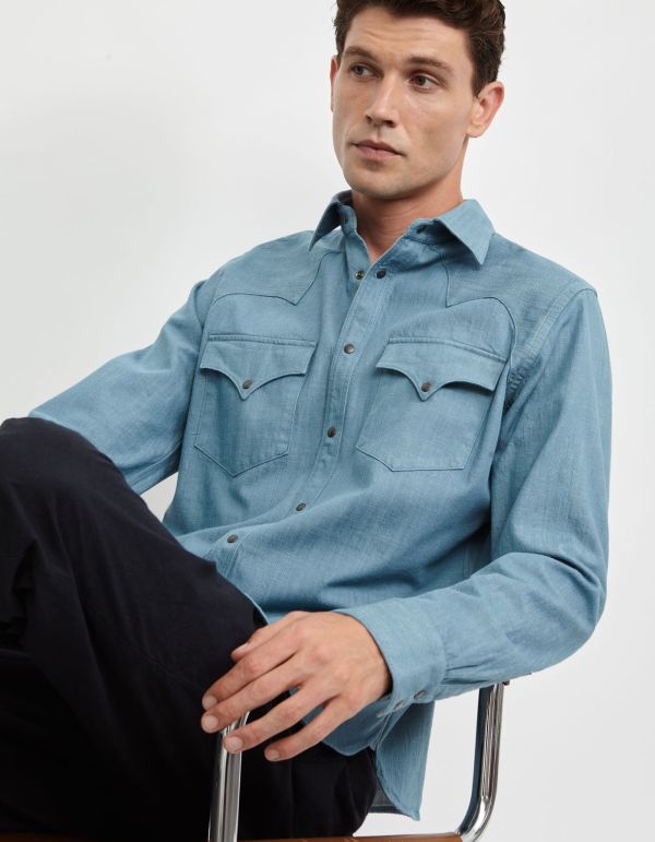 Deep Sky Blue Twill Solid colour Shirt Collar spread