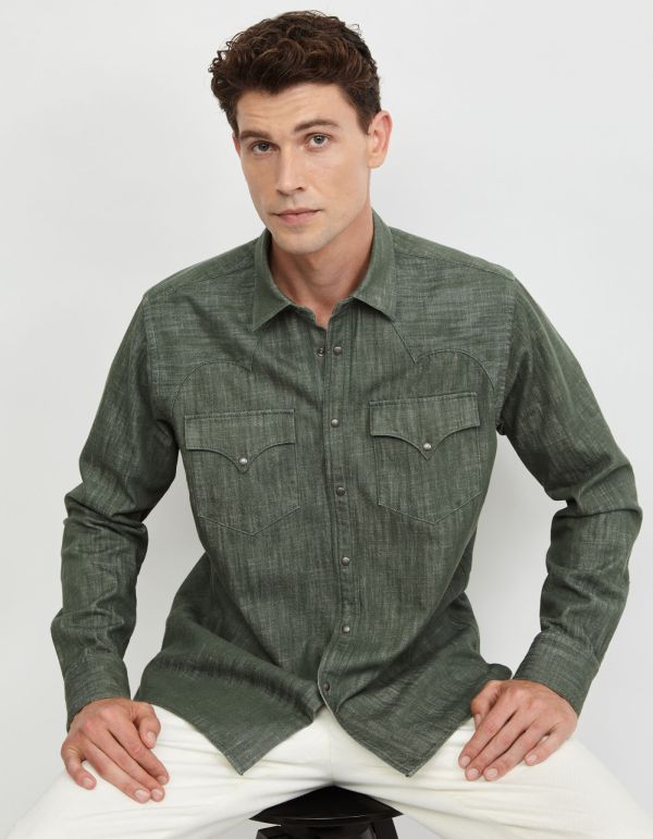 Army Green Twill Solid colour Shirt Collar spread