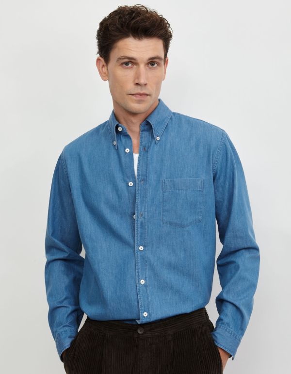 Camisa Cuello cuello abotonado Liso Indigo Blue jeans