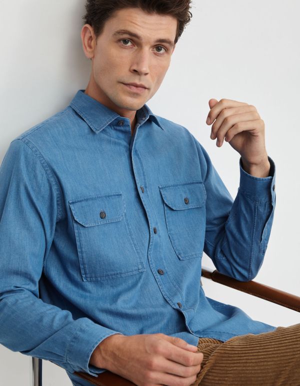 Camisa Cuello italiano pequeño Liso Indigo Blue jeans