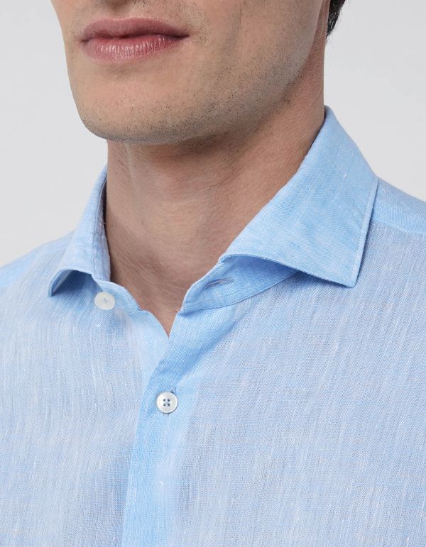 Light Blue Melange Linen Solid colour Shirt Collar cutaway Tailor Custom Fit hover