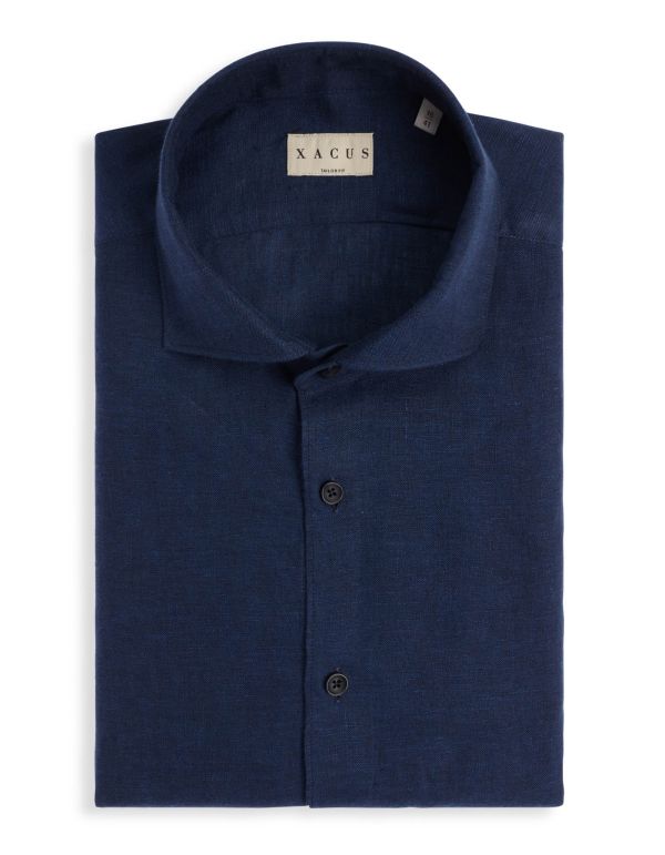 Navy Blue Linen Solid colour Shirt Collar cutaway Tailor Custom Fit