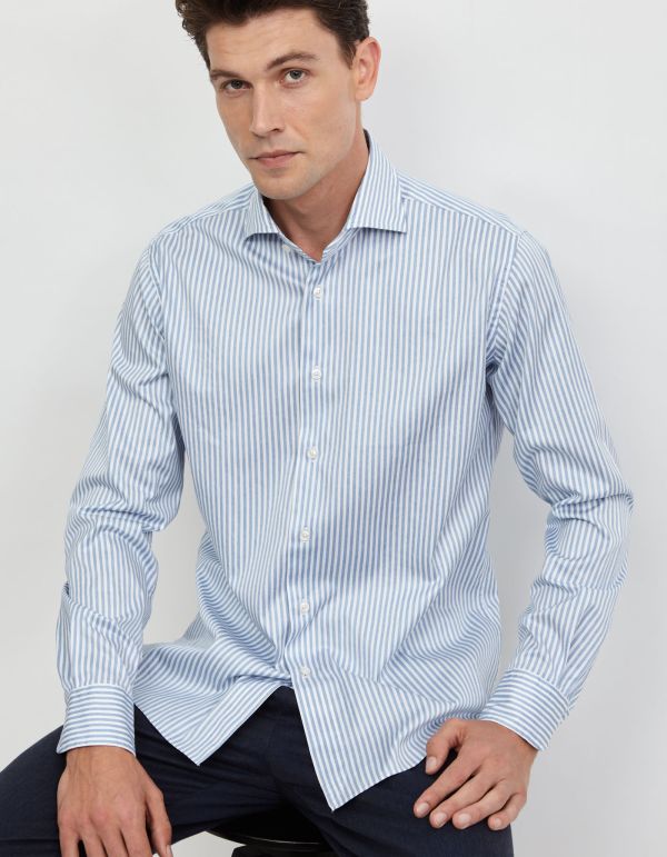 Camisa Cuello francés Rayas Sarga Celeste oscuro