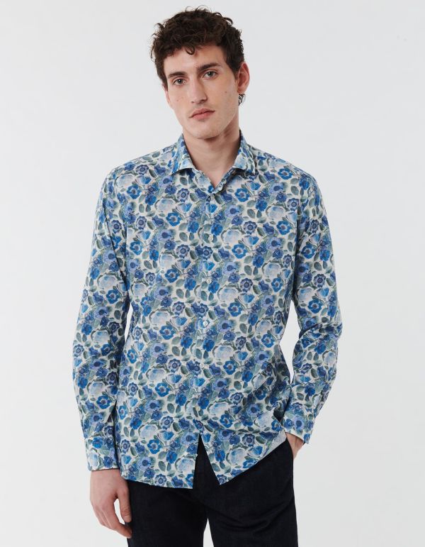 Camisa Cuello francés pequeño Estampado Sarga Celeste oscuro