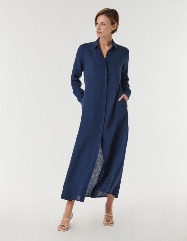 Chemisier Navy Blue Linen Solid colour Regular Fit