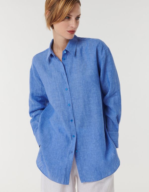 Shirt Deep Sky Blue Linen Solid colour Over