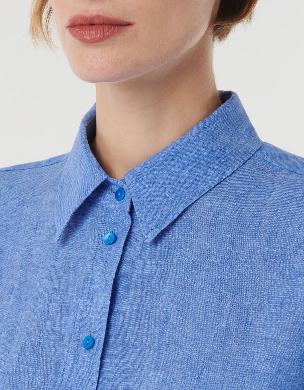 Shirt Deep Sky Blue Linen Solid colour Over hover