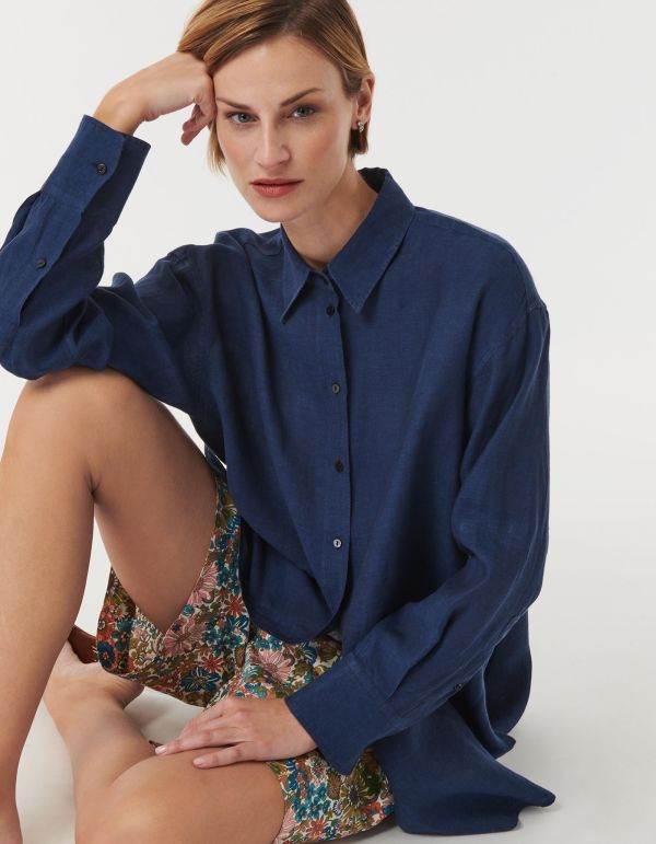 Shirt Navy Blue Linen Solid colour Over